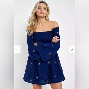 Free People Smocked Mini Dress XS Off Shoulder Embroidered Bell Sleeve navy blue
